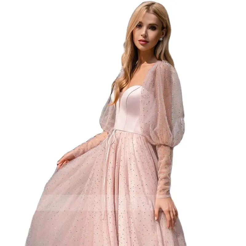 New Design Sweetheart Beads Sequins Long Sleeve Tea-Length A-Line Tulle Prom Dress Evening Gown vestido formatura lo